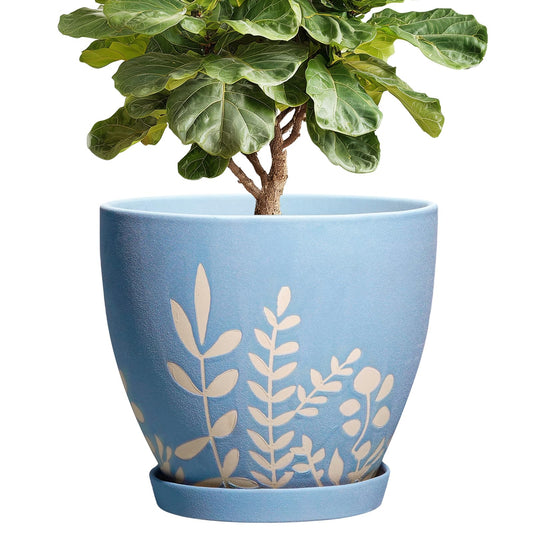 EPFamily 10 Inch Large Ceramic Plant Pot with Saucer - Round Planter with Drainage for Indoor Outdoor Plants, Boho Flower Pot, Home Office Room Garden Decor, Housewarming Gift, Blue