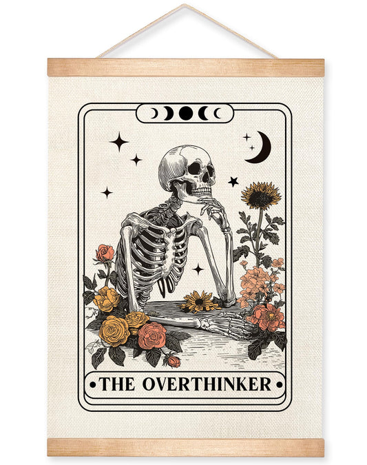 HEYJEEPER The Overthinker Tarot Card Wall Art,Skeleton and Floral for Witch Room Decor,Humorous Wall Hanging Linen Print Poster for Bedroom,Library, Study room 14x18inch(The Overthinker)