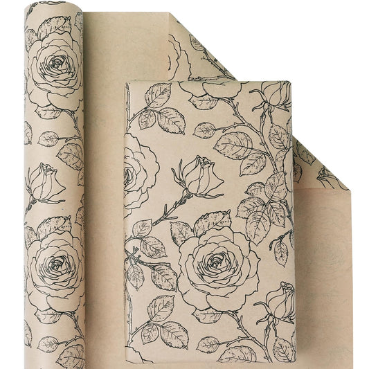 Kraft Floral Wrapping Paper Roll, Vintage Rose Wrapping Paper, Rose Print Design, Brown and Black Kraft Gift Wrap Paper for Birthday Mother's Day Bridal Shower Baby Shower Wedding, 17Inch×33Feet