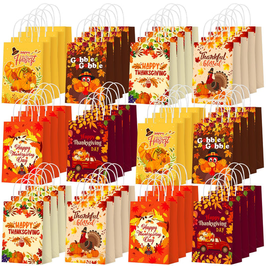 Qeeenar 36 Pcs Thanksgiving Gift Bags Fall Turkey Party Favors Pumpkin Turkey Goodie Candy Paper Bags with Handles Autumn Harvest Treat Pouch for Thanksgiving Party Decorations Supplies