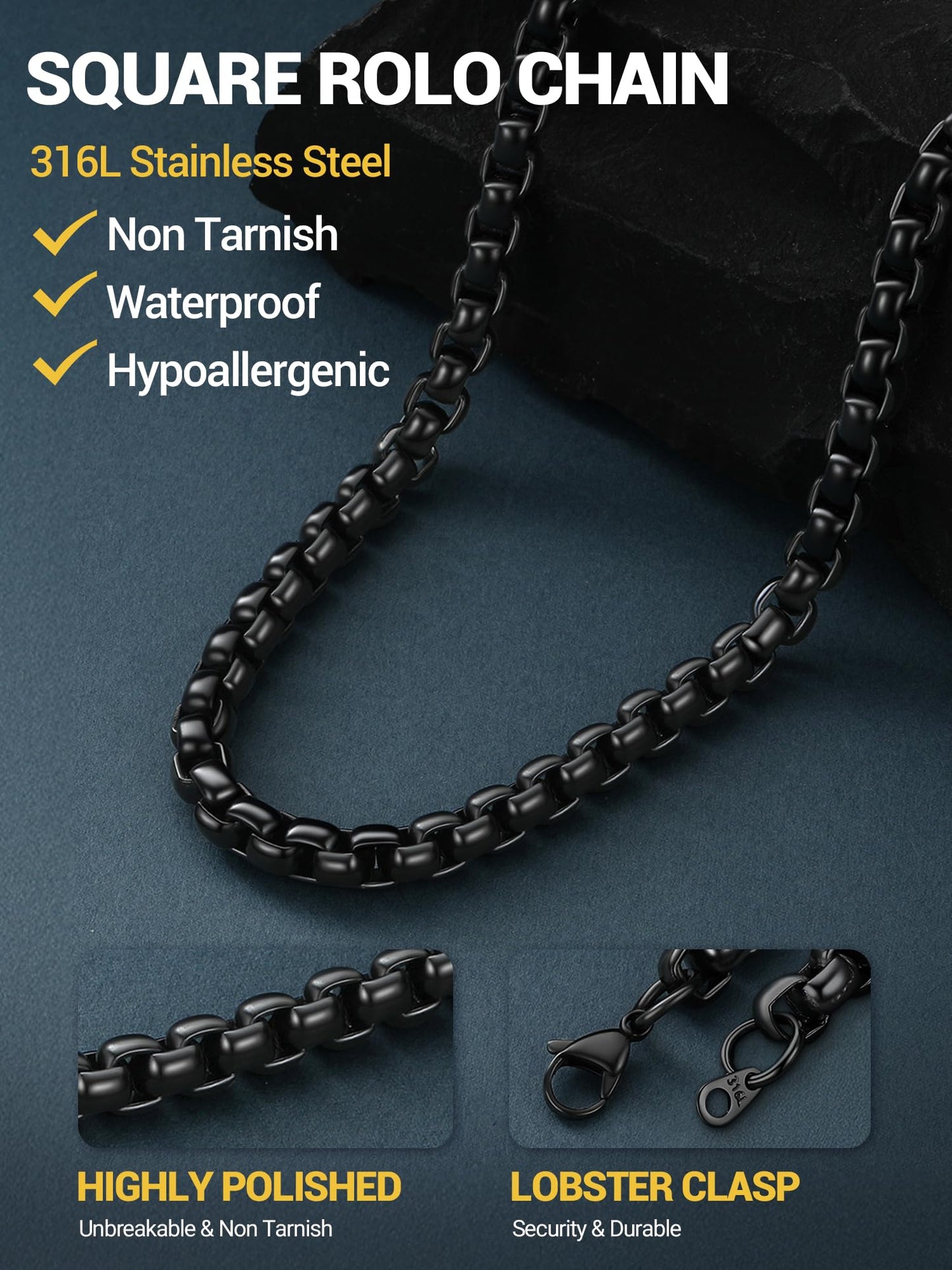 PROSTEEL Mens Chain Necklace, Squre Rolo Link Chains Black Chunky Stainless Steel Necklace 8mm Waterproof & Durable Men and Women Jewelry with Gift Box 18in