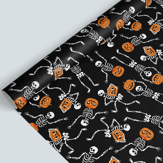 Whaline Halloween Wrapping Paper -Mini Roll- 17 Inch x 32.8Ft Black Dancing Skeleton Pumpkin Gift Wrap Paper Spooky Art Paper for Birthday DIY Crafts