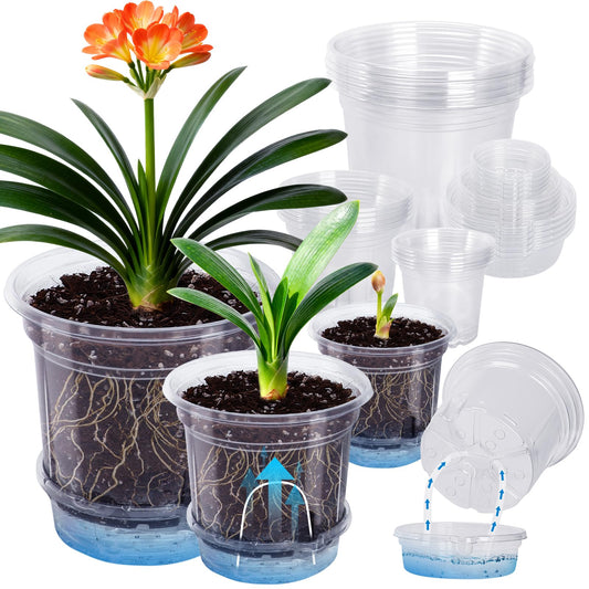 MIXC 18 Packs 6.5/5/4 Inch Self Watering Pots for Indoor Plants - Clear Nursery Plant Pots with Drainage, Deep Visible Reservoir - Flower Planter Outdoor with Wicking Rope