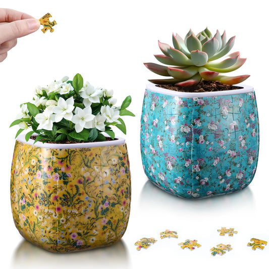 Enhon 2 Pack 3D Puzzle Planter Set, Golden Meadow Floral and Vintage Roses Design, 96 Pieces 3D Puzzle Vase, Indoor Cactus and Succulent Pots, Engaging Home Decor Craft, Ideal for DIY Lovers