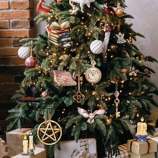 Suncalla 12 Pcs Wizard Christmas Tree Ornaments Wooden Magical Christmas Tree Hanging Ornaments Vintage Owl Hat Book Key Craft Decorations for Xmas Halloween Home Party Supplies