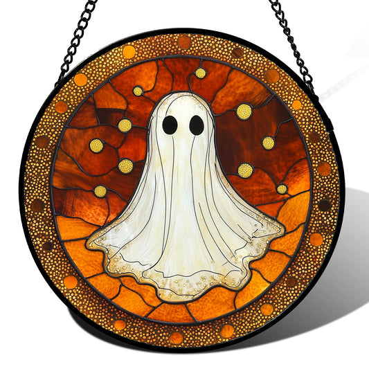 JOSUMALY Stained Glass Window Hanging - Halloween Decorations White Ghost Suncatcher for Doors Garden Indoor Spooky Funny Orange Sun Catchers Gothic Decor Horror Gifts for Women Men Friend 11.8 in