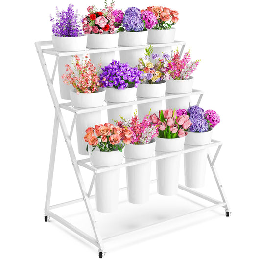 VGMiu Flower Display Stand with 12 Buckets, White Flower Cart with Wheels 3 Layers Metal Flower Bar Stand Moving Flower Stand Florist Bouquet Shelf for Weddings Party Ceremony Indoor Outdoor Garden