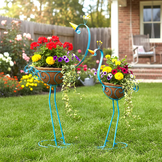 Manortang Peacock Metal Plant Stand 2 Sets Flower Pots Holders, Planters for Outdoor Indoor Plants with Coconut Pots, Front Porch Garden Balcony Patio Decor for Plant, Valentine Decoration Gifts