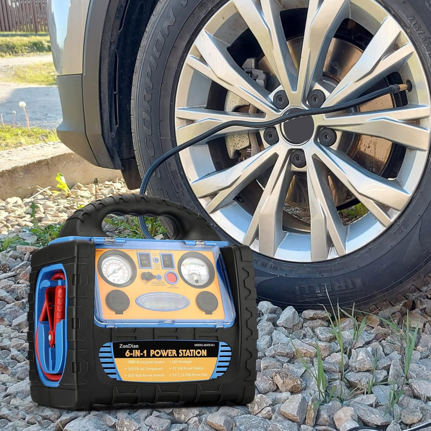 ZunDian 6-in-1 1800 Amp Jump Starter with Air Compressor 260PSI Tire Inflator, 12V Car Battery Jumper Starter Booster Pack for Truck Automotive Battery, Portable Power Station 400W AC Power Inverter