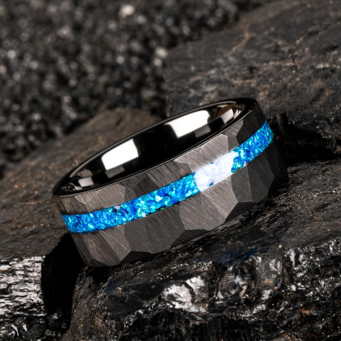 JEWPER 8mm Men Womens Wedding Band Tungsten Rings Black Blue Hammer pattern Fashion Promise Carbide Inlaid Opal Matte Finish Edge Comfort Fit Size(11)