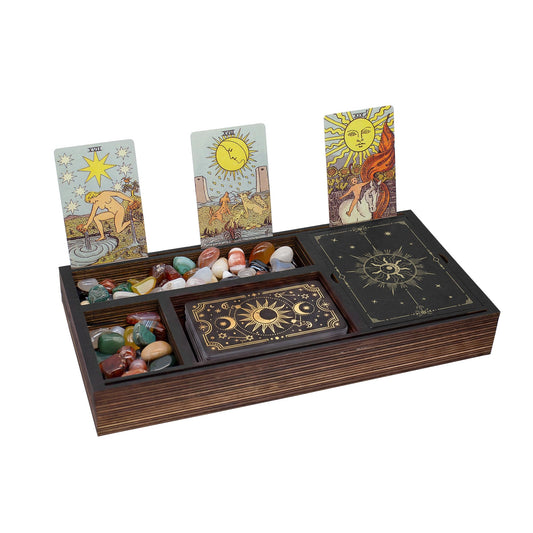 Tarot Card Holder Wooden Crystal Tray, Tarot Card Box and Wiccan Supplies, Witchcraft Altar Supplies Pagan Tarot Box Decor Witchy Gifts Meditation Accessories Witch Stuff Astrology Decor