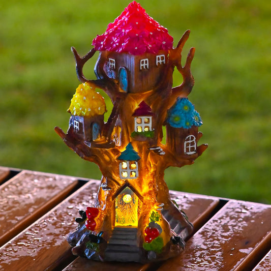 BLBYHO Solar Fairy House Large Fairy Garden Treehouse for Outside, Fairy Garden Accessories Outdoor, Garden Statues Fairy Tree House, for Home, Yard, Balcony Decor, Birthday Gifts for Kids