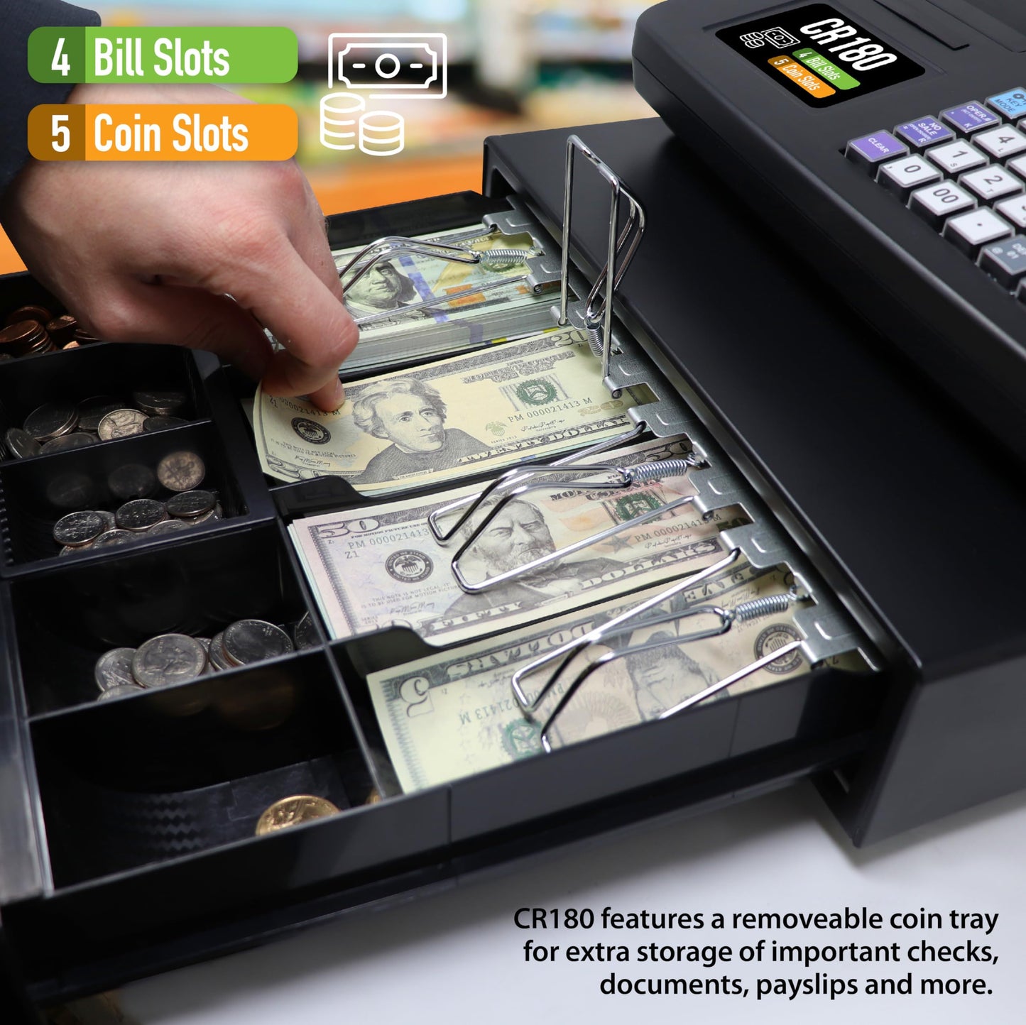 Nadex CR180 Electronic Cash Register, Steel Cash Drawer, Compact Design, Black