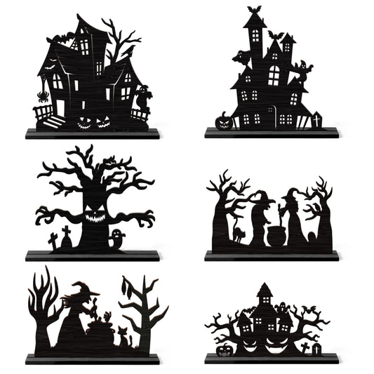 WATINC Halloween Wooden Centerpiece Decorations - Haunted House Witch Tree Silhouette Sketch Wood Tabletop Ornaments, Halloween Black Pumpkin Boo Desk Tiered Tray Decor for Home Kitchen Party