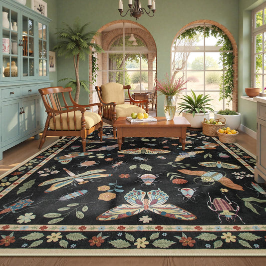 Beeiva Insect Print Rug 8x10, Washable Throw Rugs for Bedroom Under Bed, Boho Non Slip Low Pile Ultra Thin Foldable Large Carpet for Kids Room Playroom Living Room Decor(Black,8x10ft)