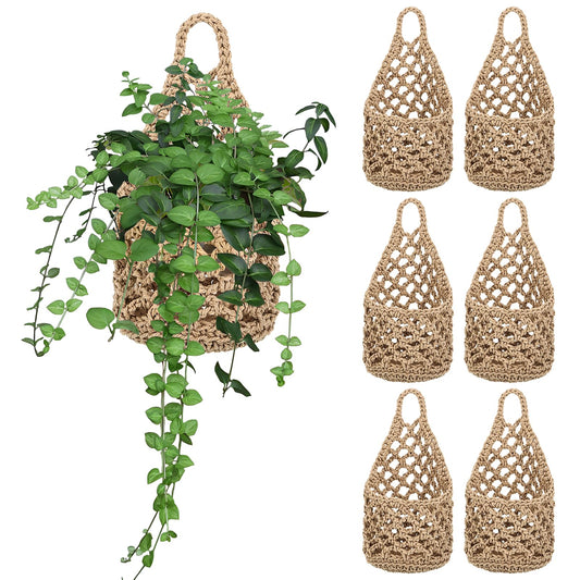 Foxtell 6 Pack Macrame Plant Hangers, 9.4” x 5.1” Cotton Wall Hanging Plant Baskets, Boho Woven Hanging Storage Flower Baskets for Indoor Outdoor Plants, Herbs & Home Decor