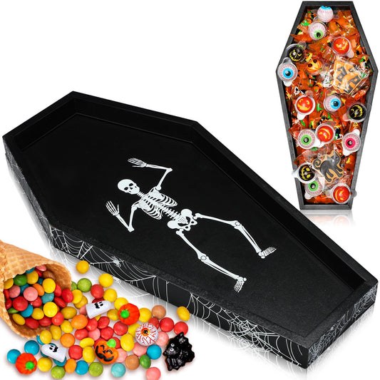Teenyyou 15.7 x 7.8 Inch Halloween Coffin Charcuterie Boards with Skeleton Spider Web Decor Black Wood Coffin Serving Trays and Platters Halloween Candy Bowl Gothic Serving Box for Party Supplies