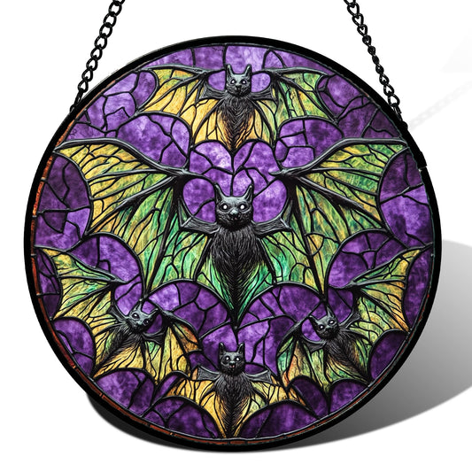HWRHTR Stained Glass Window Hanging - Halloween Decorations Bats Suncatcher for Doors Garden Indoor Spooky Funny Purple Sun Catchers Gothic Decor Horror Gifts for Women Men Friend 11.8 in