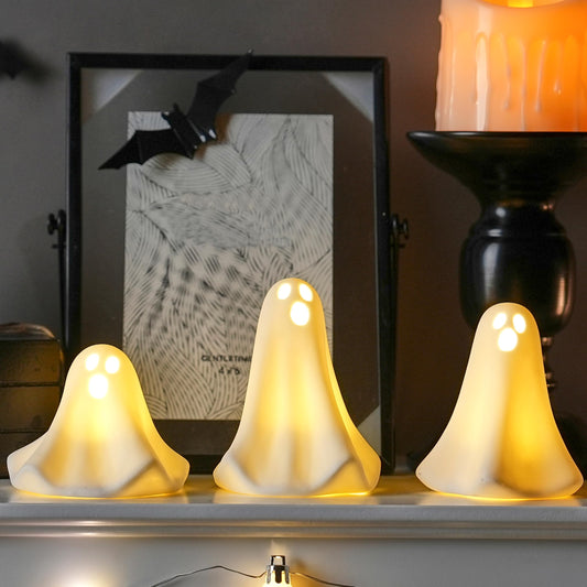 AOMOONOA Ceramic Ghost Decor, 3Pcs Light Up Ghosts for Indoor Halloween Decorations, Battery Powered White Mini Ghost Figurines with LED for Spooky Halloween, Home Tabletop Shelf Centerpieces