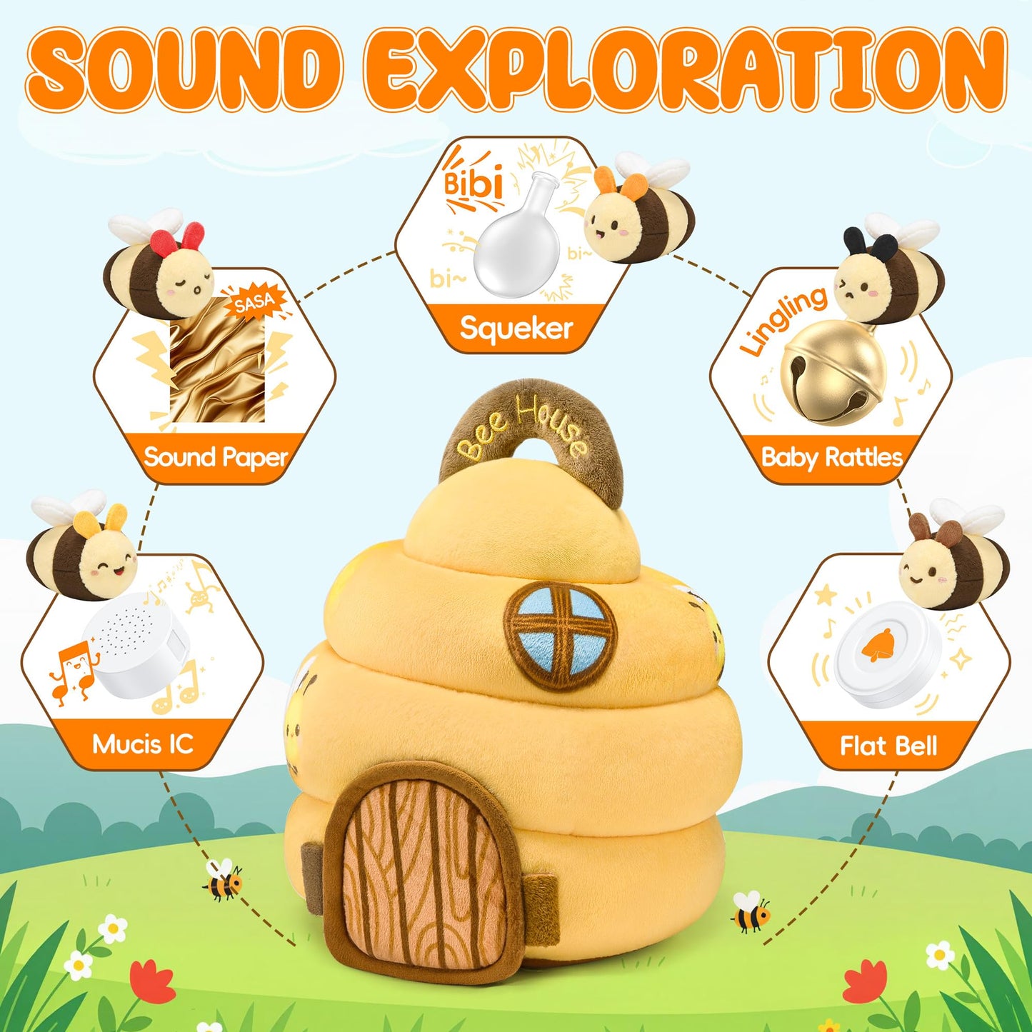 Baby Toys 6-12 Months - Beehive Infant Toy with 5 Sensory Bees Stuffed Animals, Crinkle, Rattle, Mirror & Music, Montessori Toys for 6 7 8 9 10 11 12 Month Old Baby Boys Girls Birthday Christmas Gift