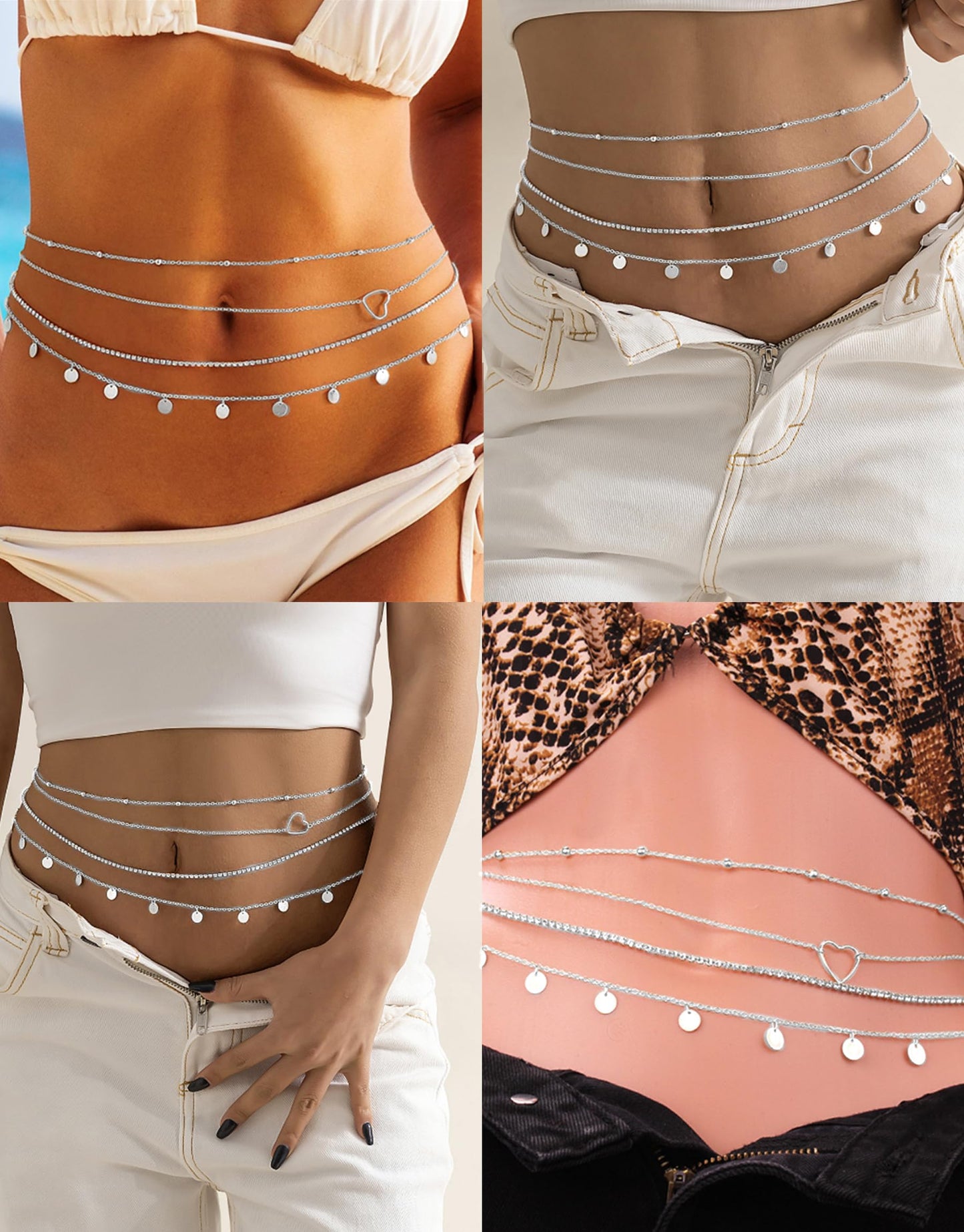 Tornito 8Pcs Waist Belly Chain CZ Heart Pearl Snake Bead Sequin Paperclip Belly Chain Summer Beach Sexy Body Chains Jewelry Accessories for Women Adjustable