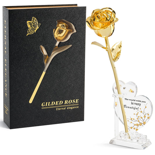CIAPSK 24K Gold Dipped Rose Gift Set – Luxury Eternal Golden Rose with Interlocking Acrylic Butterfly Display Base & Premium Book-Style Gift Box – Romantic Anniversary & Birthday Gift for Her