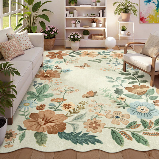 Lahome Floral Washable Rugs 8x10, Non-Slip Soft 8x10 Rugs for Living Room Bedroom, Ultra-Thin Stain Resistant Boho Accent Carpet for Dining Room Office Flore, Beige