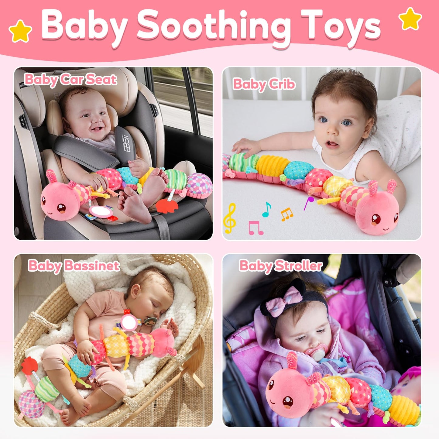Baby Girls Toys 0-6 Month Music Animal Stuffed Caterpillar Toy for Infant 0-3 3-6 Months with Mirror Crinkle Rattle Tummy Time Sensory Toys for 3 4 5 6-12 Month Old Newborn Baby Shower Birthday Gifts