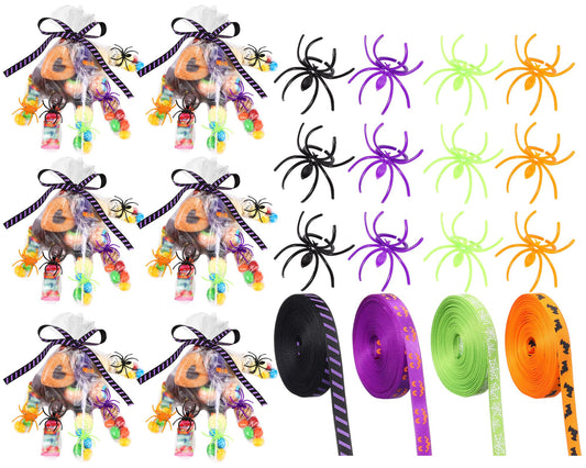 Civaner 324 Pcs Halloween Trick or Treat Gifts Set Include 120 Plastic Spider Rings 200 Disposable Gloves 4 Rolls Halloween Ribbon for Halloween Costume Accessories Party Decor Supplies DIY Crafts
