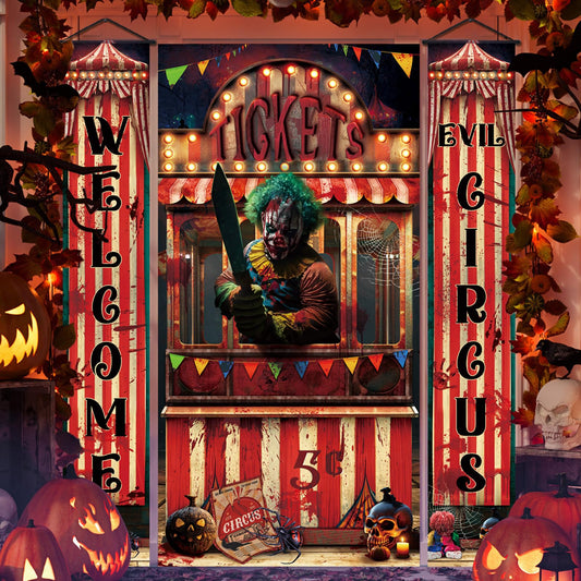 WovWeave 3 Pcs Halloween Creepy Carnival Decorations Include 2 Evil Circus Porch Banner and Scary Ticket Booth Circus Theme Door Cover for Halloween Backdrop Hanging Theme Party Outdoor Decorations