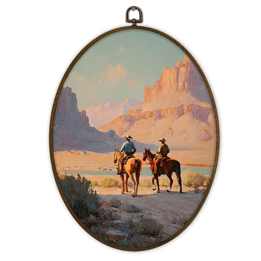 Gnmduw Vintage Western Cowboy Oval Wall Art Framed, Southwestern Desert Canyon Canvas Prints Hanging Decor, Retro Cowboy Horse Landscape Wall Decor for Living Room Bedroom, 8.7x11.3 Inch