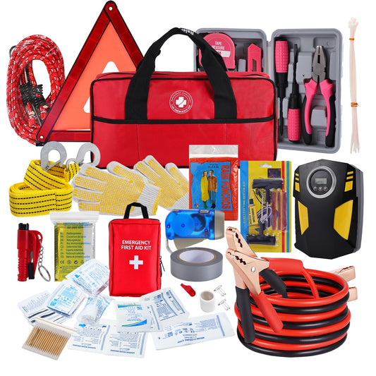 All-in-One Car Emergency Kit with Digital Tire Inflator, Jumper Cable, Tow Strap, Reflective Triangle, First Aid Kit, Hand Crank Flashlight, and Repair Tools for Roadside Safety (Red)