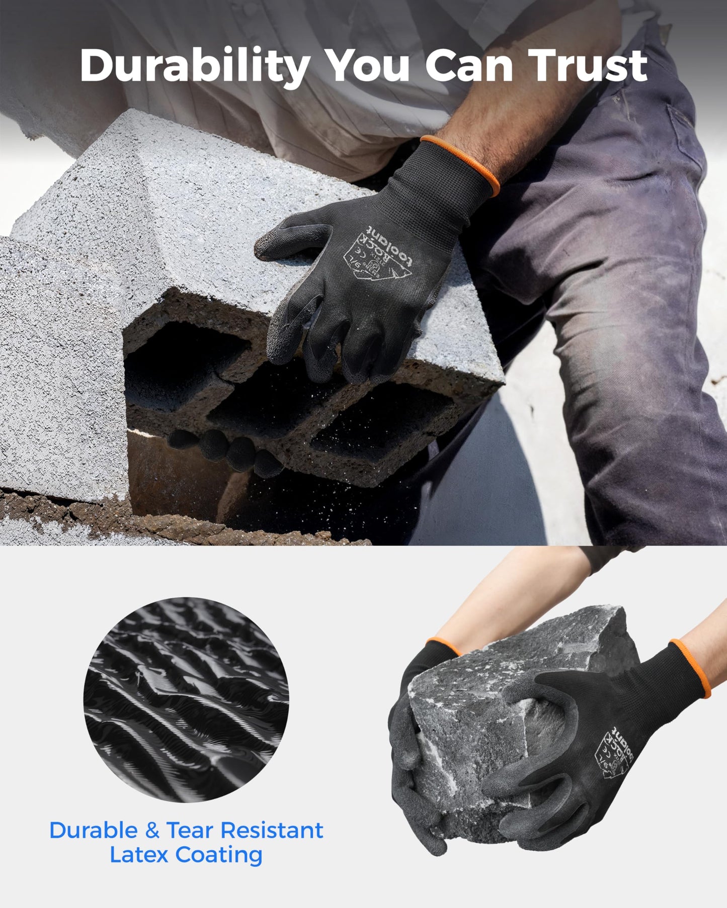 toolant Crinkle Latex Work Gloves Bulk, Rubber Coated Safety Work Gloves for Men and Women, 12 Pairs for Construction, Gardening, Warehouse (Black, Medium)