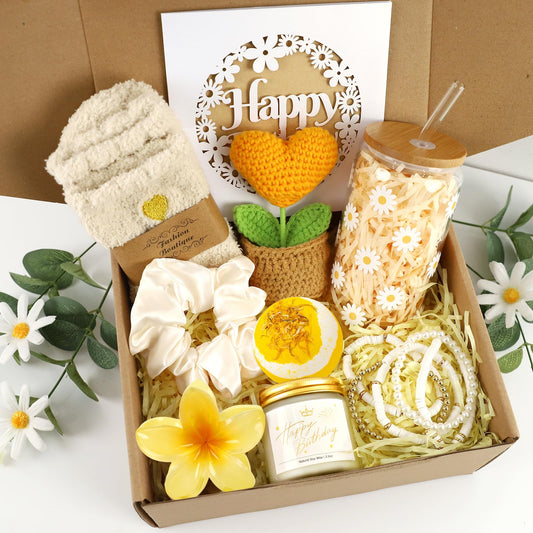 Birthday Gifts for Women, Unique Happy Birthday Gift Baskets for Teen Girls, Women, Her, Best Friend, Daughter, Sister, Self Care Package Cute Daisy Aesthetic Glass Cups Gift Box 9pcs Set