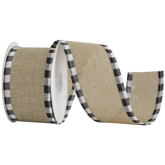 MEEDEE Burlap Christmas Ribbon Wired 2.5 Inch Plaid with Black and White Checkered Edging 10 Yards for Christmas Tree and Wreath Making