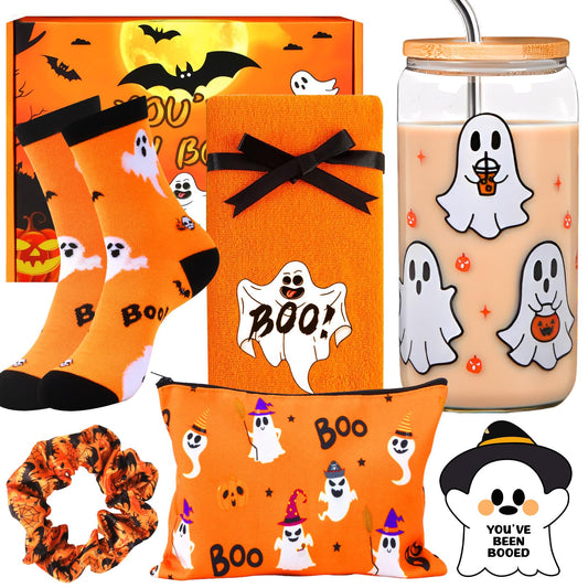 Zenoble Boo Basket Stuffers for Women, 6 Pcs Halloween Gifts Set Cute Boo Basket with Halloween Cup Socks Towel Bag for Teens Girls Mom Friend Sister Wife