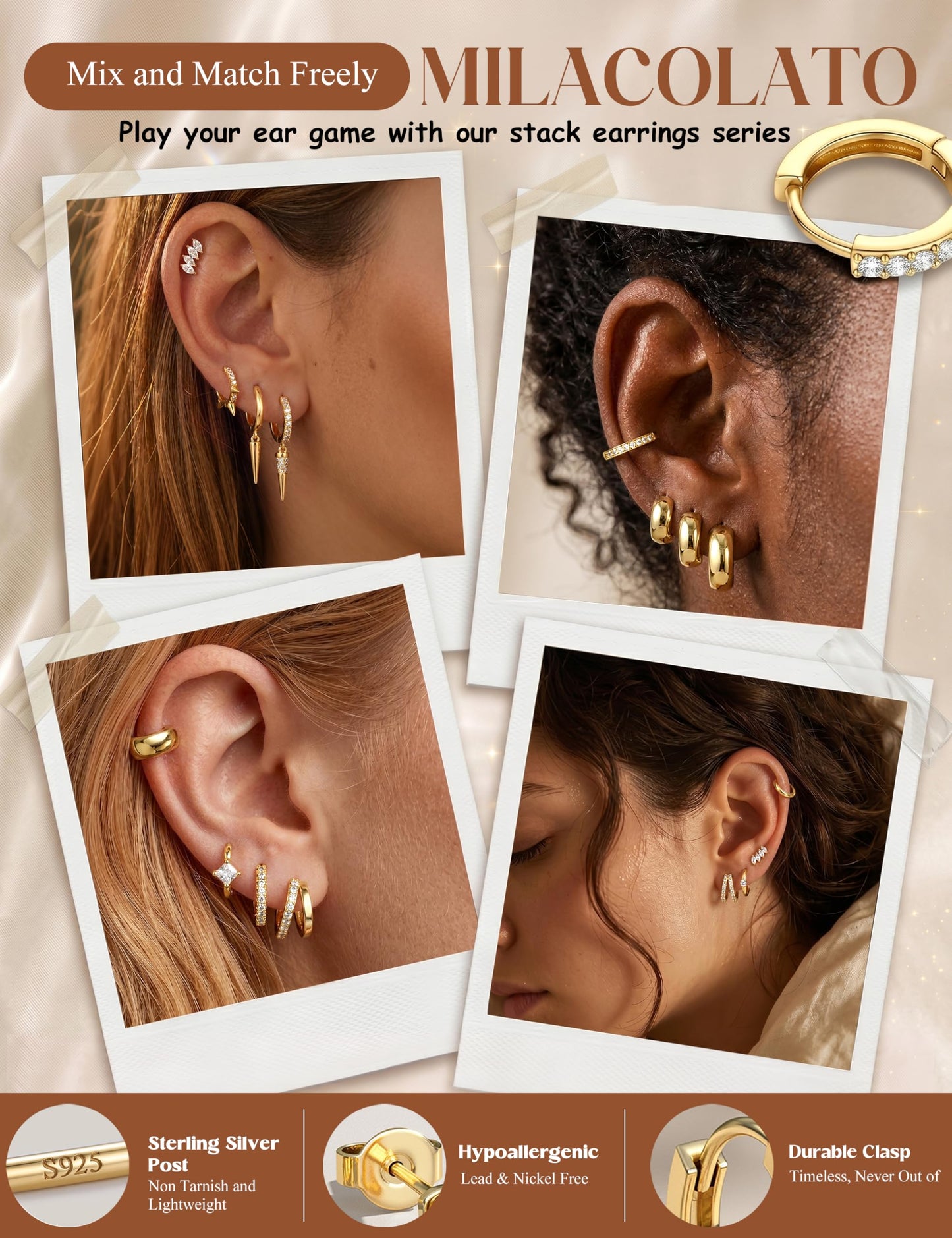 MILACOLATO 925 Sterling Silver Earrings for Women, 14K Gold Plated Small Huggie Earrings Sets for Multiple Piercing Hypoallergenic Jewelry, CZ Hoop Earrings Stacks Trendy Jewelry Gifts, 3 Pairs-Spike