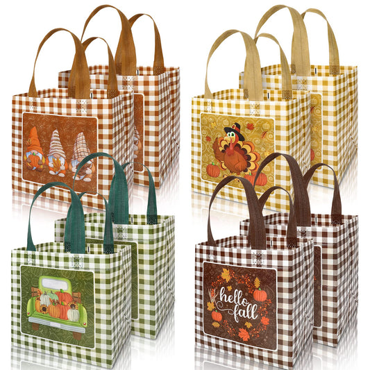 AnyDesign Fall Reusable Gift Bag Plaid Pumpkin Turkey Gnome Tote Bags with Handles Autumn Party Treat Bag Grocery Shopping Bags for Thanksgiving Patch Party, 8 Pack