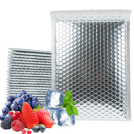 50 Pack 10x12 Inch Thermal Insulated Bubble Mailers for Cold Shipping, Metallic Silver Foil Padded Envelopes, Self-Seal Water-Resistant Cushioned Shipping Bags