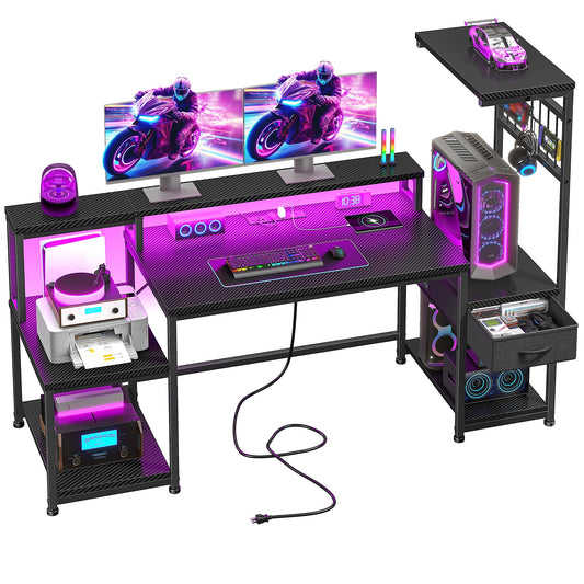 DurayLoly 55" Gaming Desk with LED Lights & Outlets,Computer Desk with Drawers & Monitor Stand,Gaming Table with Storage Shelves & Printer Space for Game Room,Study Room,Home Office,Bedroom,Black