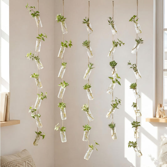 Ferrochef 40 Pcs Hanging Plant Propagation Jars Mini Glass Hanging Planters Glass Hydroponic Plant Cutting Bottles with Rope Window Wall Planter for Indoor Plants Home Decor