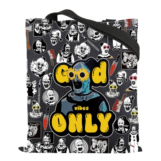 ENSIANTH Sunflower Glasses Clown Tote Bag Horror Slasher Serial Killer Movie Lover Gift Scary Halloween Thriller Handbag (Good Vibes bag)
