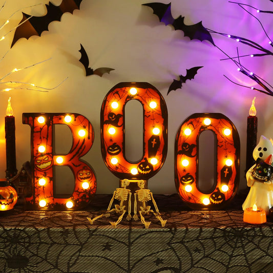 Boo Sign Light Up Halloween Mantel Decor - 8.5 Inch Boo LED Marquee Letters Halloween Decorations Indoor - Battery Operated Lights for Kitchen Table Bedroom Living Room Home Wall Party Decor