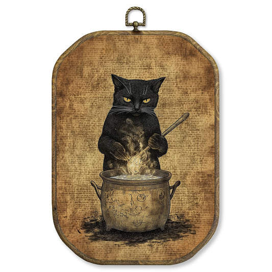 WUHSDIBC Black Cat Witchy Octagon Wall Art Decor, Gothic Kitchen Witch Framed Canvas Art Prints, Vintage Dark Academia Weird Wall Decor for Kitchen Dining Room Living Room, 10.2x7 Inches