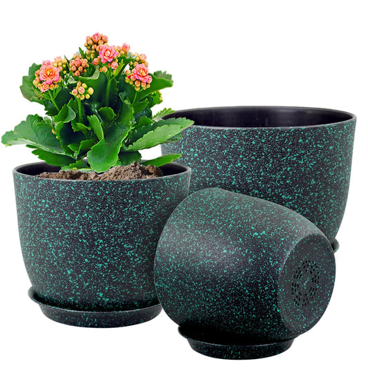 WSMKSZ Plant Pots 10/9/8 inch, Set of 3 Modern Decorative Plastic Planters with Drainage Holes and Saucers for Garden House Plants, Flower Pots for Indoor Outdoor Plants, Black with Green Speckles