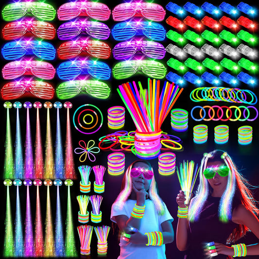 SHQDD 158 PCS Glow in the Dark Party Supplies, 14PCS LED Glasses, 30LED Finger Lights, 14LED Light Hairs and 100PCS Glow Sticks Bracelets, Neon Party Favors for Wedding, Concert, Birthday, New Year