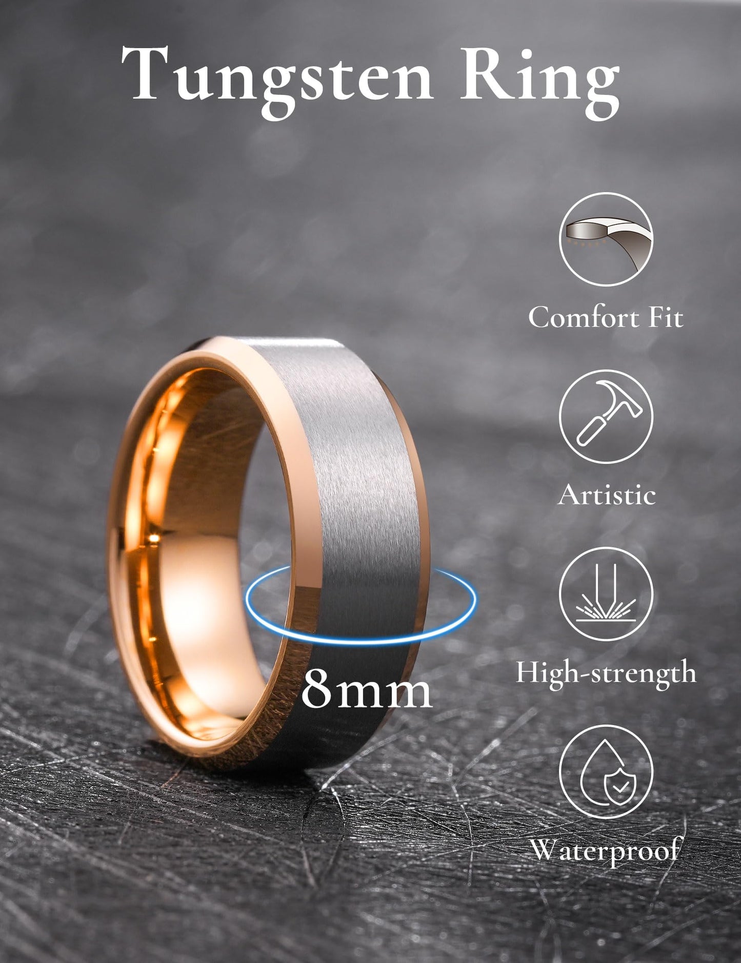 King Will 8mm Classic Tungsten Rings for Men Two-Tone Mens Wedding Bands Simple Engagement Promise Ring Matte Brushed Beveled Edges Comfit Fit Durable, Silver & Rose Gold Plated Size 13