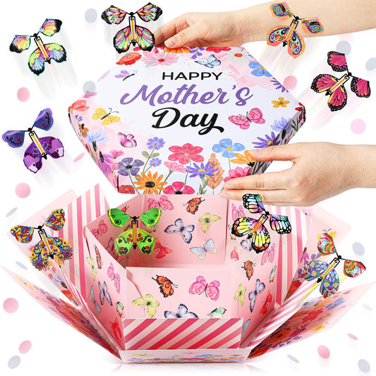 AmazingSpark Happy Mother's Day Flying Butterfly Surprise Explosion Gift Box 5.7 x 5.7 x 5.7 Inches Gift Explosion Box with 15 Pcs Flying Butterfly Exploding Surprise Gift for Mother's Day Birthday
