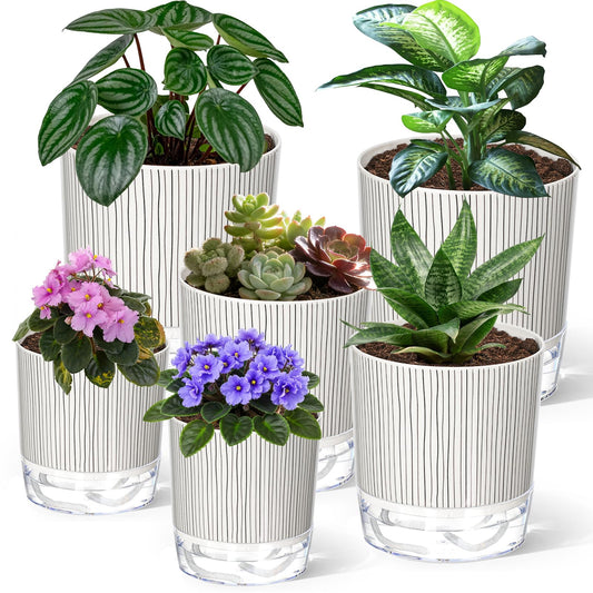Samhe 6 Pack Self Watering Pots for Indoor Plants, 4+5.5+6.3 Inch Self Watering Plant Pots Set, Flower Pots with Wick Rope and Reservoir for African Violet, Spider Plant, Orchid