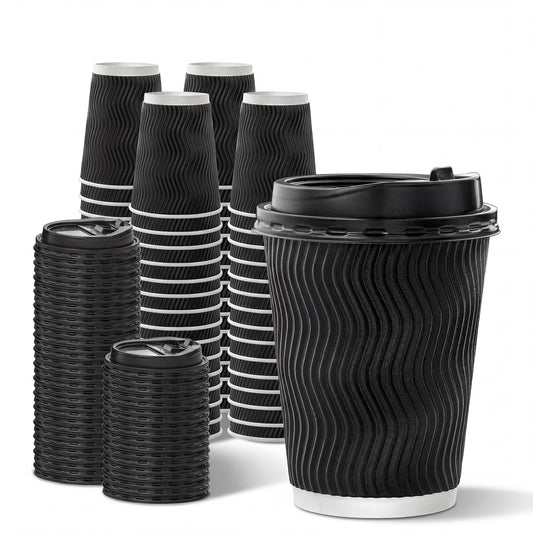 NUPANT 12oz -50 Pack Disposable Coffee Cups with Lids Insulated Corrugated Paper Cups Kraft Ripple Wall Paper Coffee Cups to Go for Hot/Cold Drinks, Disposable Cups for Home Office Party Cafe(Black)
